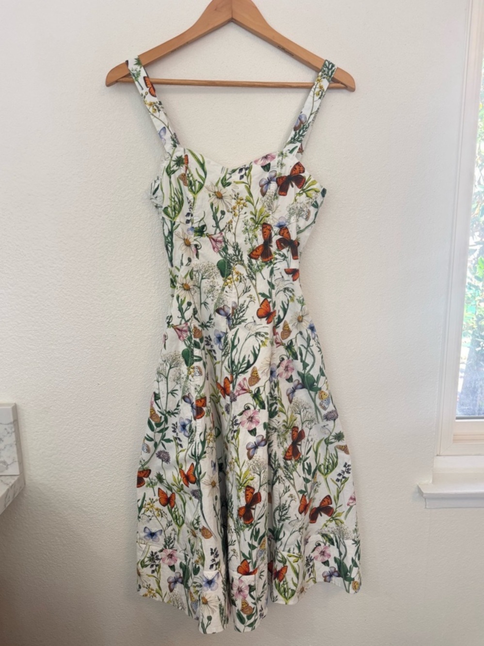 Avec Les Filles Botanical Fit & Flare Midi Dress Floral White & Green Size 4